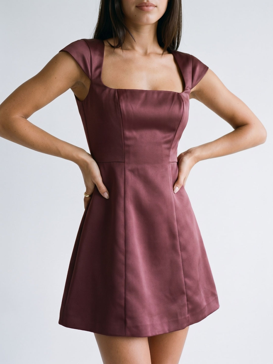 Cabernet Satin A-Line Square Neck Back Zip Short Dress with Pleating - Curvevia