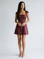 Cabernet Satin A-Line Square Neck Back Zip Short Dress with Pleating - Curvevia