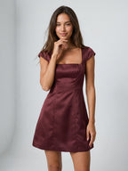 Cabernet Satin A-Line Square Neck Back Zip Short Dress with Pleating - Curvevia