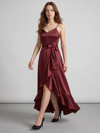 Cabernet Satin A-Line V-Neck Backless Asymmetrical Bridesmaid Dress with Ruffle - Curvevia