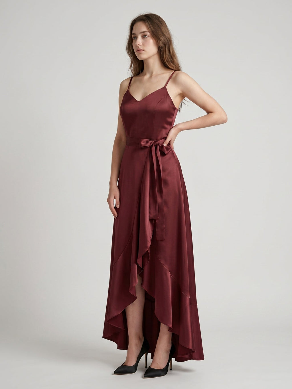 Cabernet Satin A-Line V-Neck Backless Asymmetrical Bridesmaid Dress with Ruffle - Curvevia