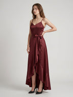 Cabernet Satin A-Line V-Neck Backless Asymmetrical Bridesmaid Dress with Ruffle - Curvevia