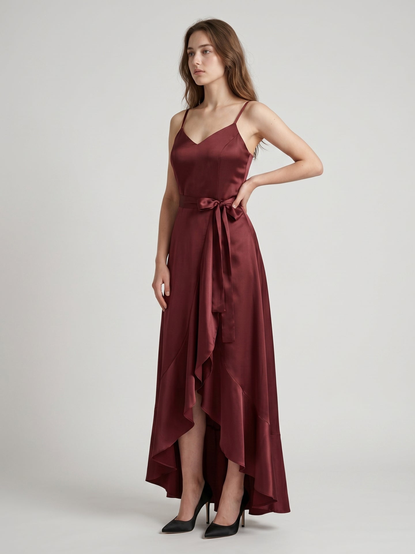 Cabernet Satin A-Line V-Neck Backless Asymmetrical Bridesmaid Dress with Ruffle - Curvevia