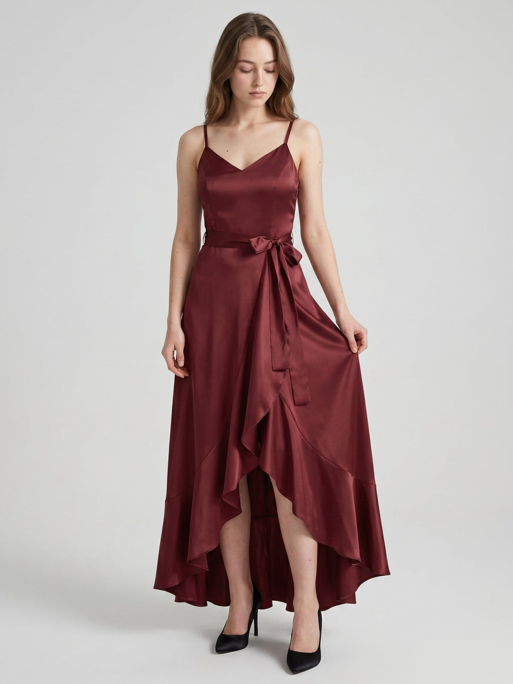 Cabernet Satin A-Line V-Neck Backless Asymmetrical Bridesmaid Dress with Ruffle - Curvevia