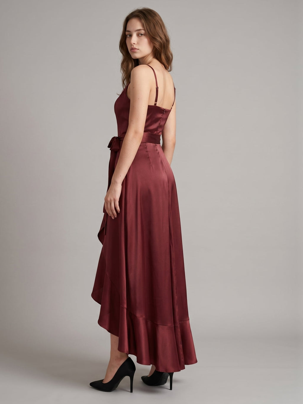 Cabernet Satin A-Line V-Neck Backless Asymmetrical Bridesmaid Dress with Ruffle - Curvevia