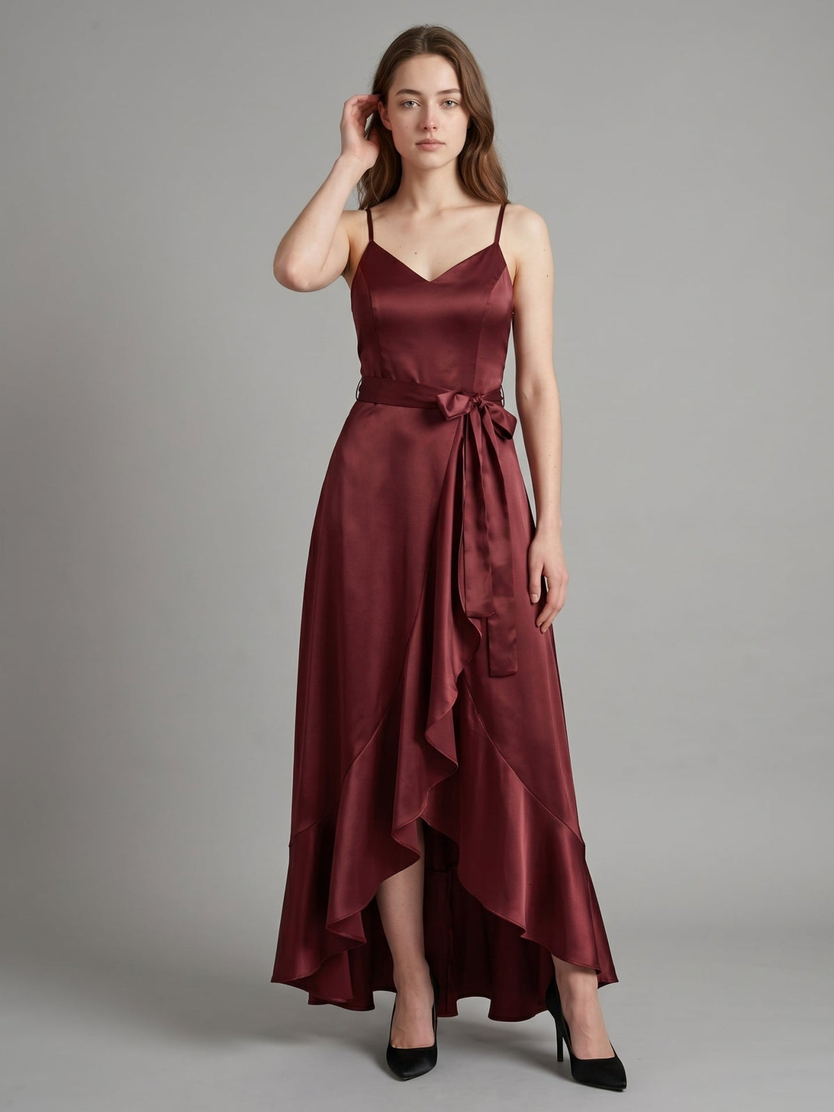 Cabernet Satin A-Line V-Neck Backless Asymmetrical Bridesmaid Dress with Ruffle - Curvevia