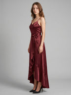 Cabernet Satin A-Line V-Neck Backless Asymmetrical Bridesmaid Dress with Ruffle - Curvevia