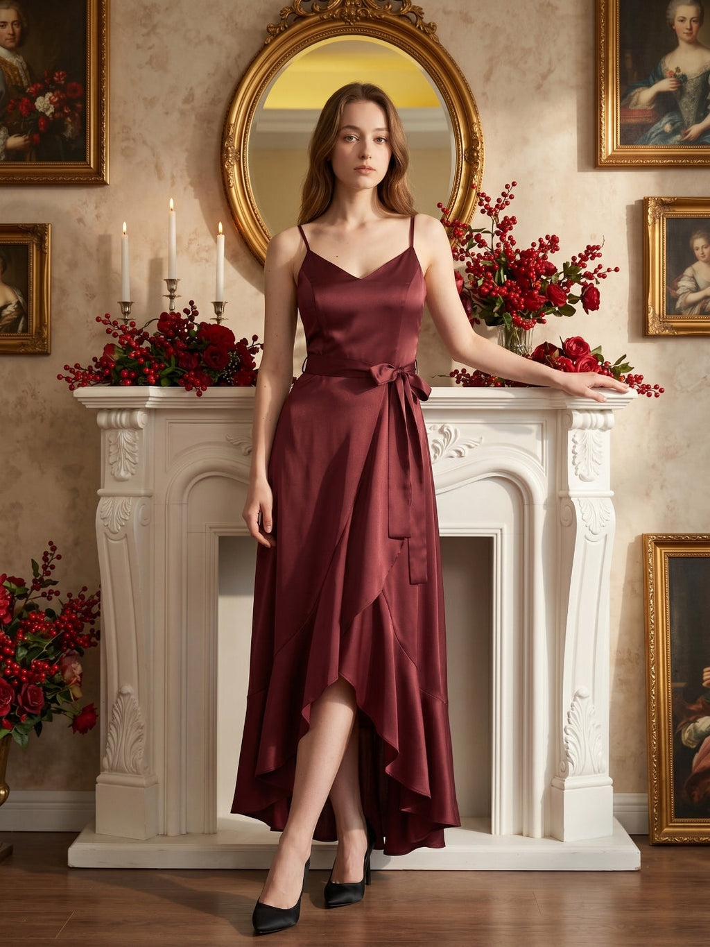 Cabernet Satin A-Line V-Neck Backless Asymmetrical Bridesmaid Dress with Ruffle - Curvevia