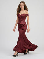 Cabernet Satin Mermaid Off-the-Shoulder Back Zip Floor-Length Bridesmaid Dress with Ruffle - Curvevia