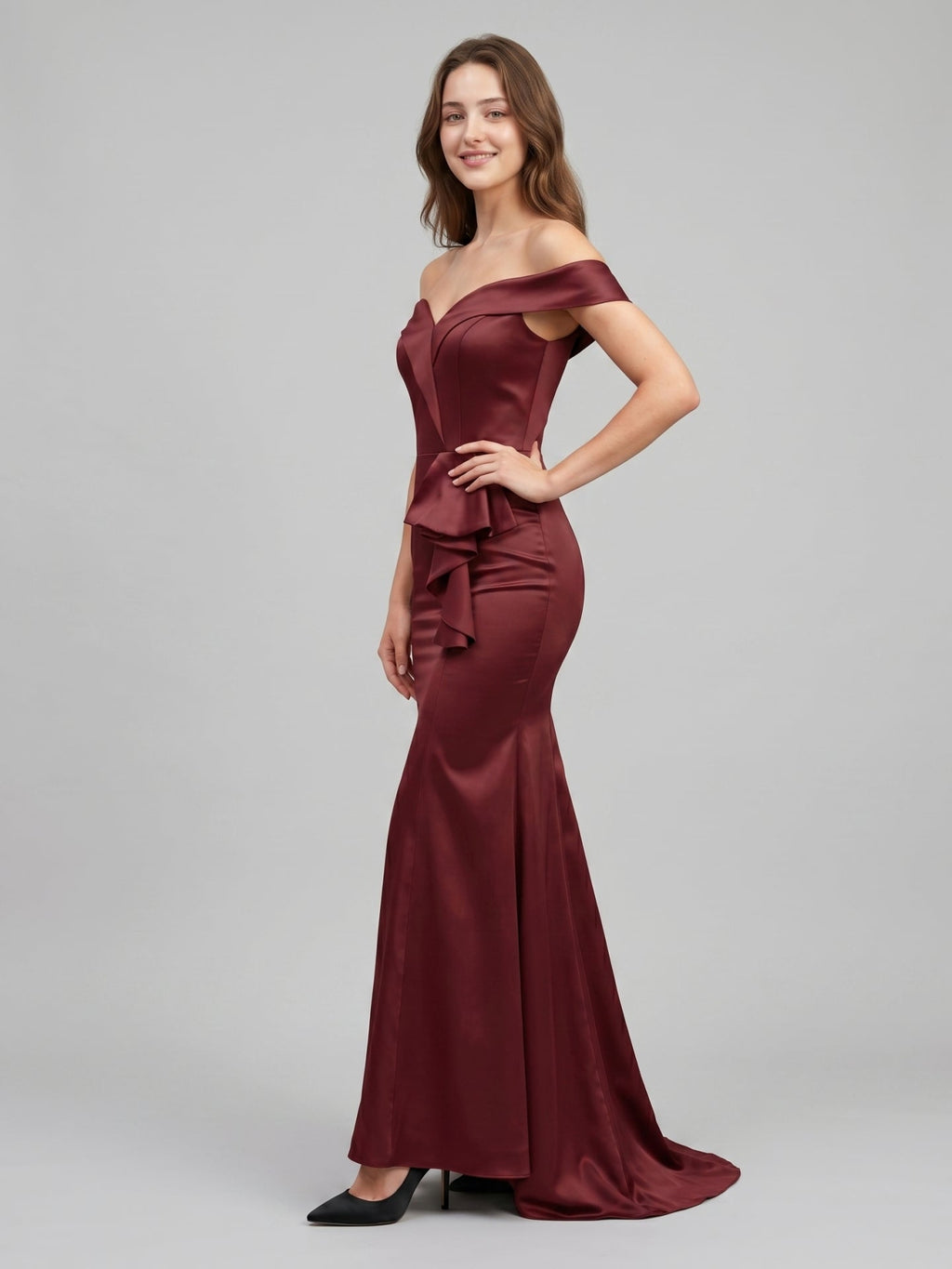 Cabernet Satin Mermaid Off-the-Shoulder Back Zip Floor-Length Bridesmaid Dress with Ruffle - Curvevia