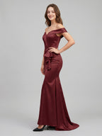 Cabernet Satin Mermaid Off-the-Shoulder Back Zip Floor-Length Bridesmaid Dress with Ruffle - Curvevia