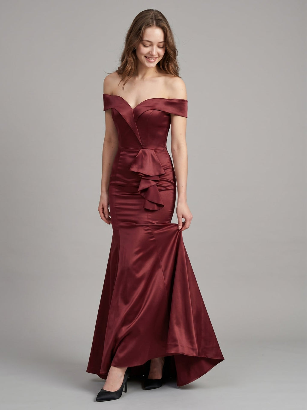 Cabernet Satin Mermaid Off-the-Shoulder Back Zip Floor-Length Bridesmaid Dress with Ruffle - Curvevia