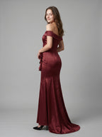 Cabernet Satin Mermaid Off-the-Shoulder Back Zip Floor-Length Bridesmaid Dress with Ruffle - Curvevia