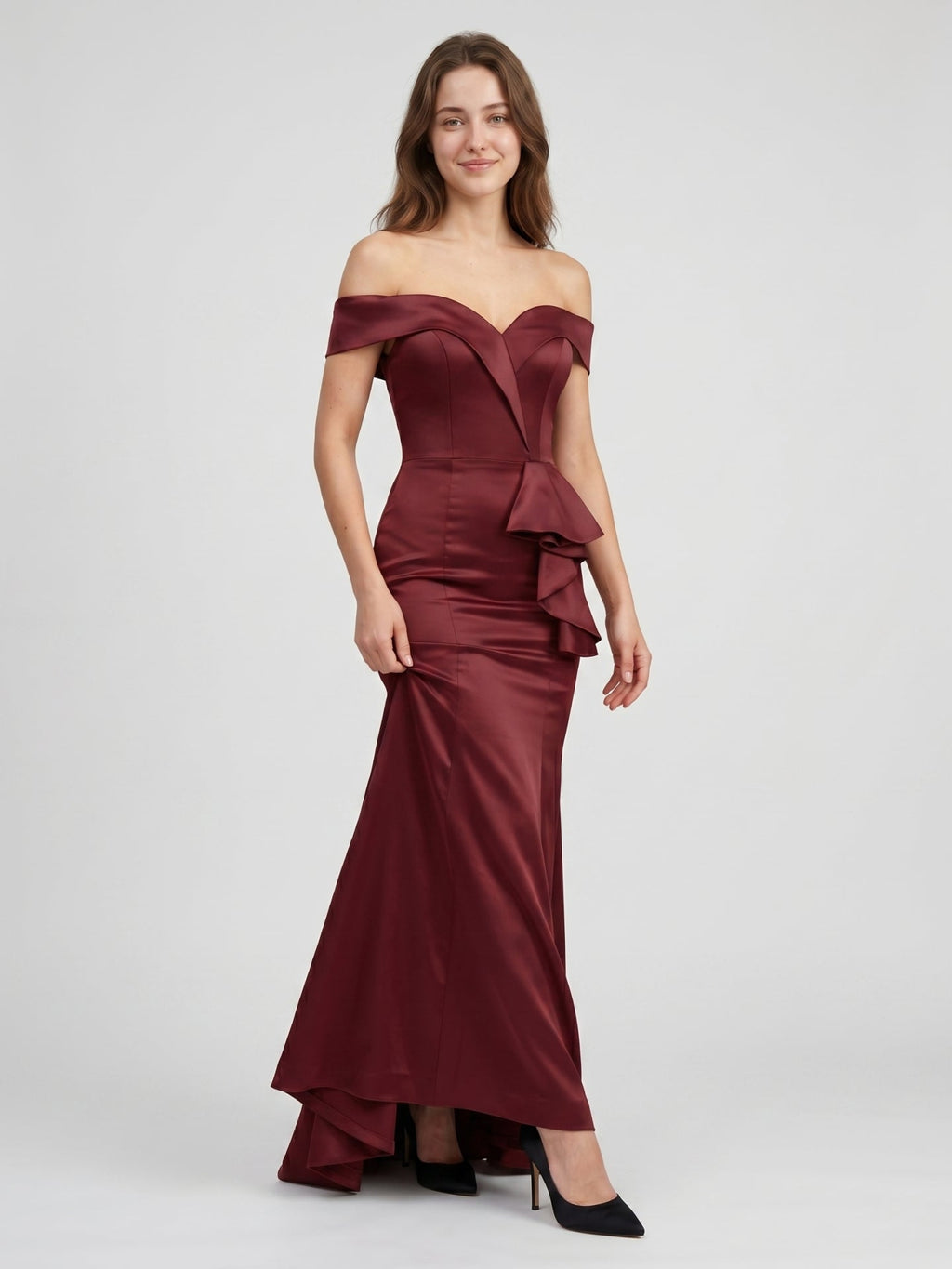 Cabernet Satin Mermaid Off-the-Shoulder Back Zip Floor-Length Bridesmaid Dress with Ruffle - Curvevia