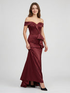Cabernet Satin Mermaid Off-the-Shoulder Back Zip Floor-Length Bridesmaid Dress with Ruffle - Curvevia