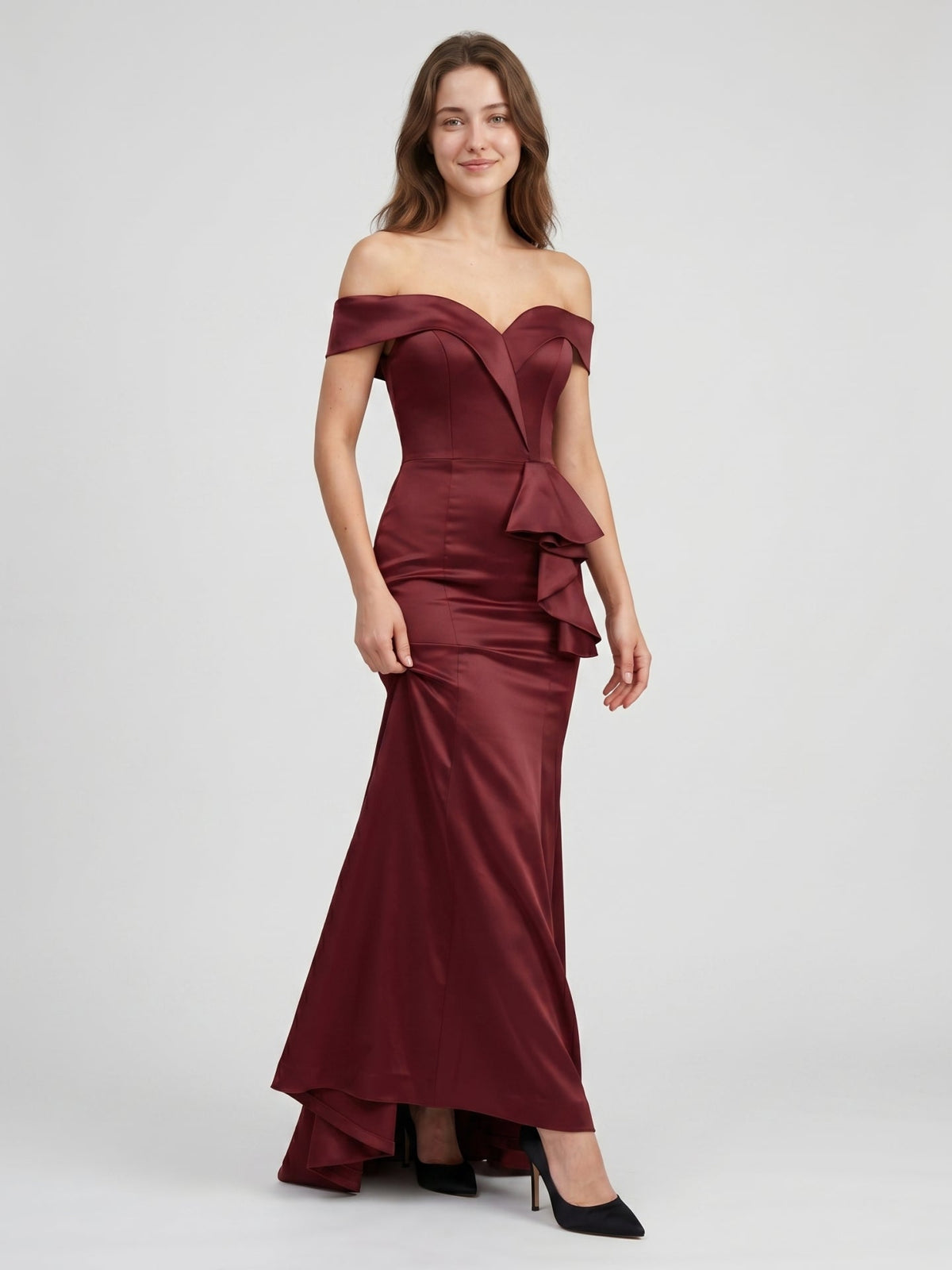 Cabernet Satin Mermaid Off-the-Shoulder Back Zip Floor-Length Bridesmaid Dress with Ruffle - Curvevia