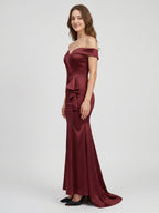 Cabernet Satin Mermaid Off-the-Shoulder Back Zip Floor-Length Bridesmaid Dress with Ruffle - Curvevia