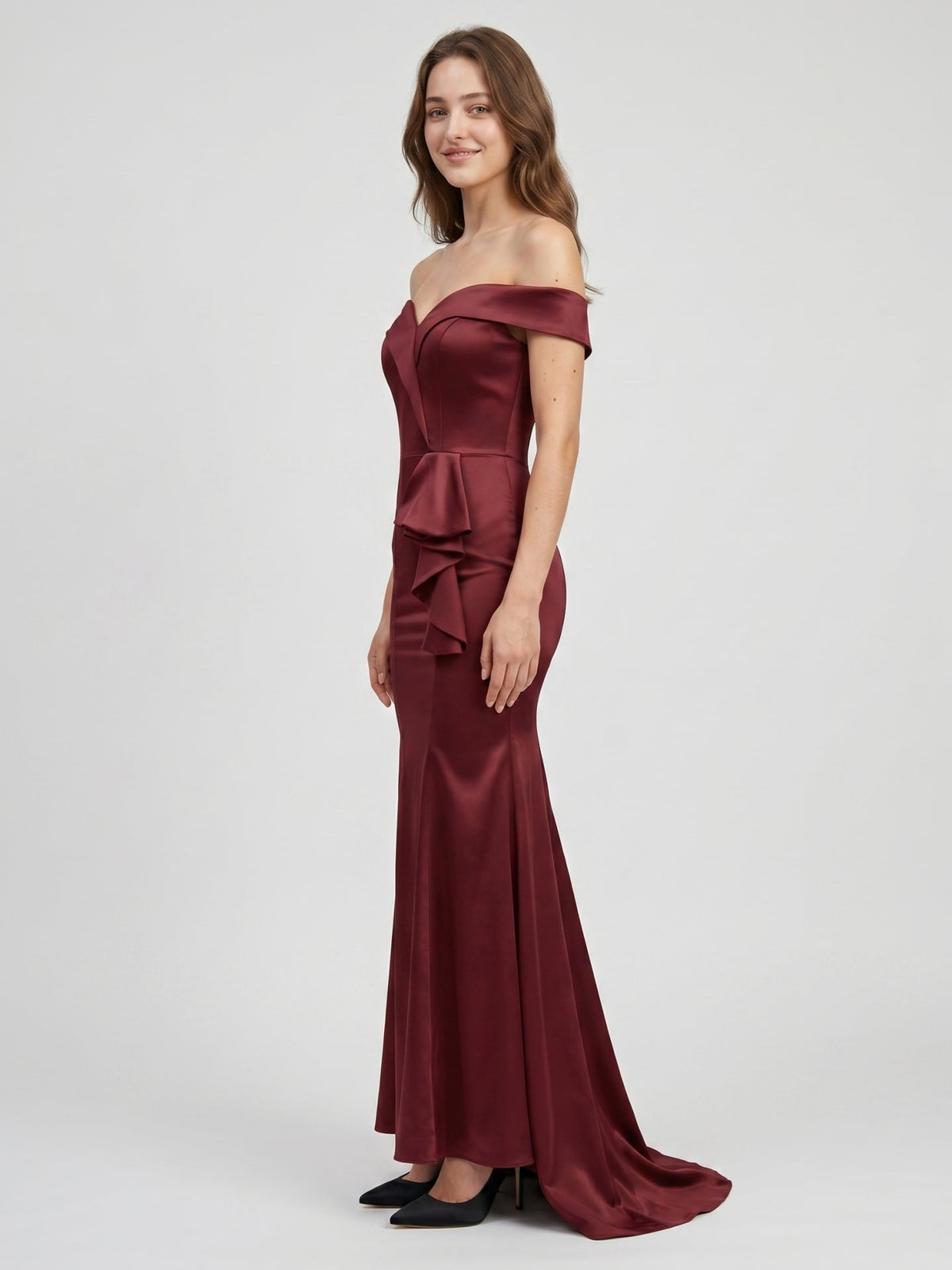 Cabernet Satin Mermaid Off-the-Shoulder Back Zip Floor-Length Bridesmaid Dress with Ruffle - Curvevia