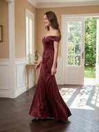 Cabernet Satin Mermaid Off-the-Shoulder Back Zip Floor-Length Bridesmaid Dress with Ruffle - Curvevia
