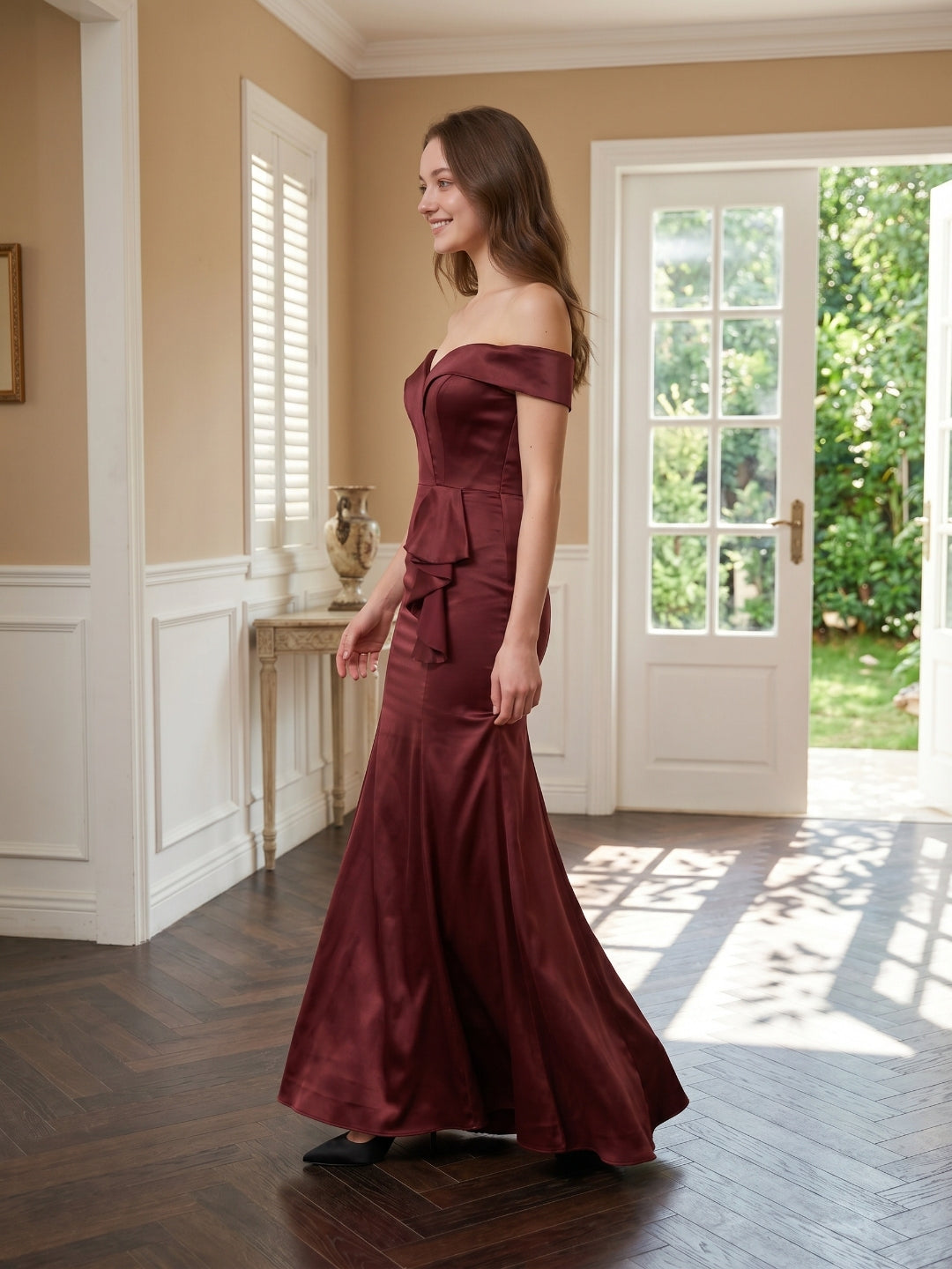 Cabernet Satin Mermaid Off-the-Shoulder Back Zip Floor-Length Bridesmaid Dress with Ruffle - Curvevia