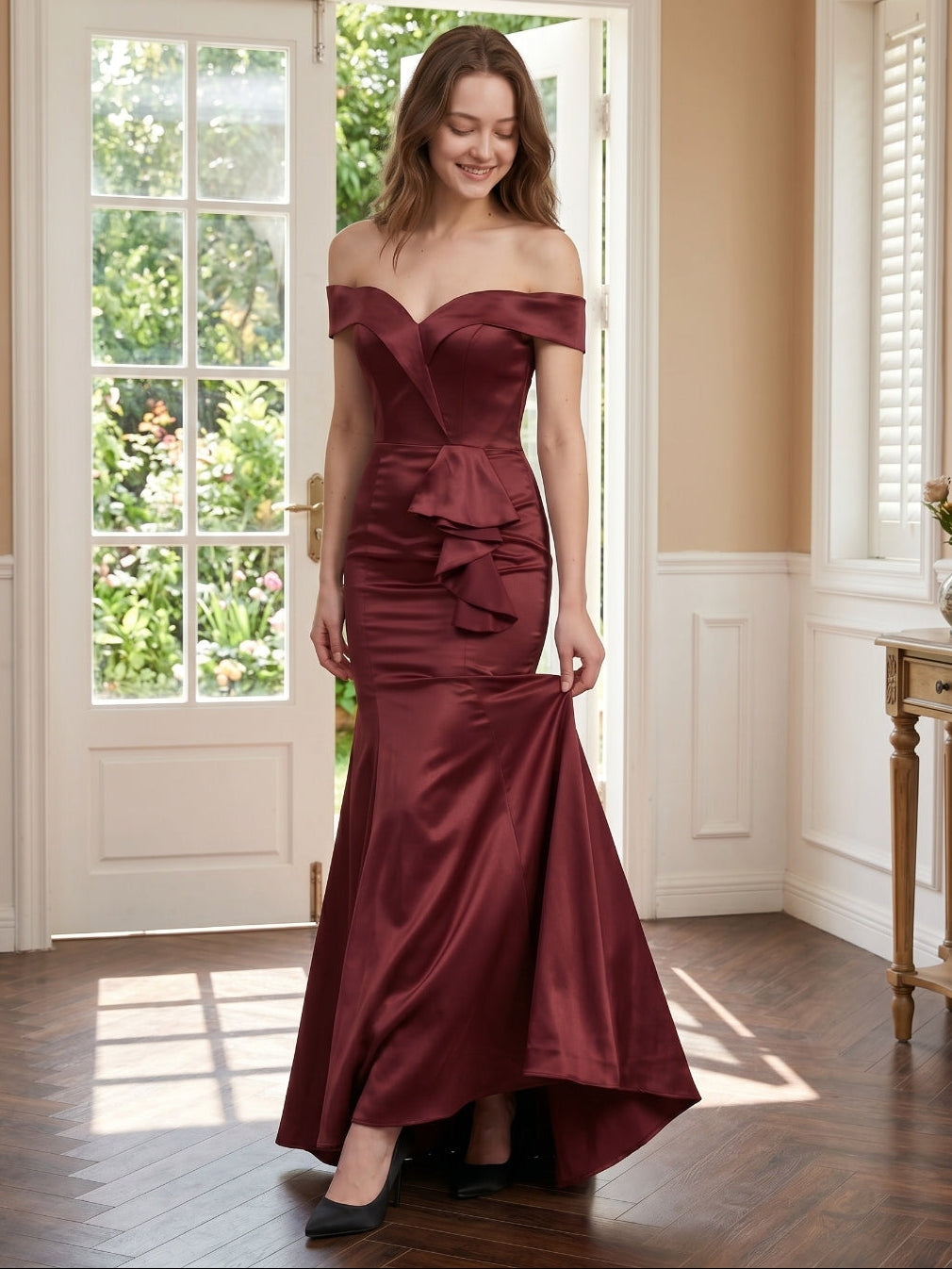 Cabernet Satin Mermaid Off-the-Shoulder Back Zip Floor-Length Bridesmaid Dress with Ruffle - Curvevia