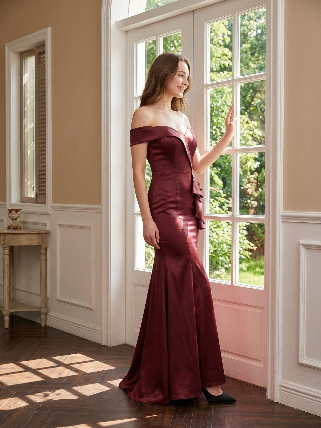 Cabernet Satin Mermaid Off-the-Shoulder Back Zip Floor-Length Bridesmaid Dress with Ruffle - Curvevia