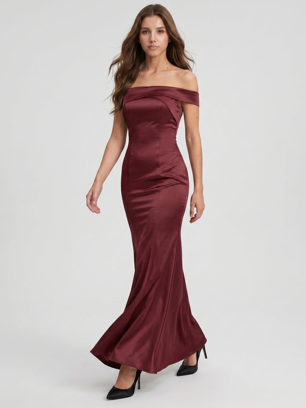 Cabernet Satin Mermaid Off-the-Shoulder Backless Floor-Length Bridesmaid Dress - Curvevia