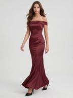 Cabernet Satin Mermaid Off-the-Shoulder Backless Floor-Length Bridesmaid Dress - Curvevia
