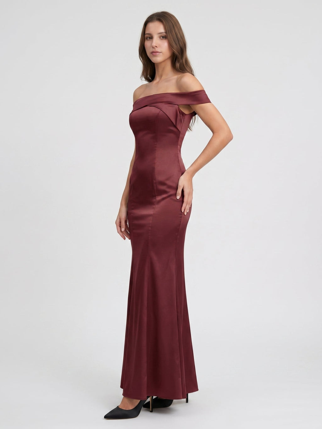 Cabernet Satin Mermaid Off-the-Shoulder Backless Floor-Length Bridesmaid Dress - Curvevia