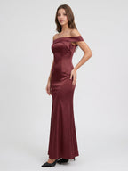 Cabernet Satin Mermaid Off-the-Shoulder Backless Floor-Length Bridesmaid Dress - Curvevia