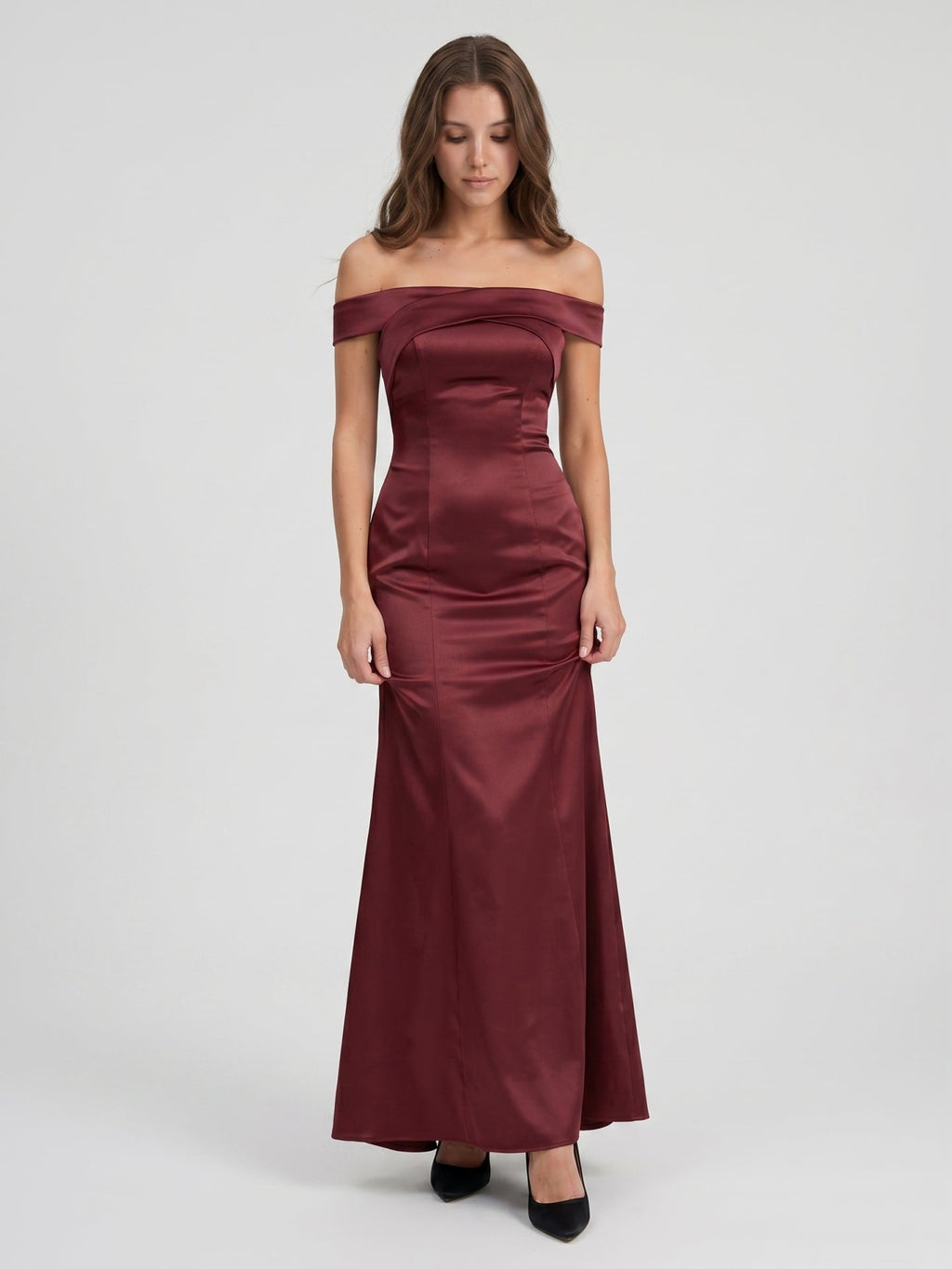 Cabernet Satin Mermaid Off-the-Shoulder Backless Floor-Length Bridesmaid Dress - Curvevia