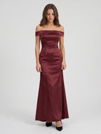 Cabernet Satin Mermaid Off-the-Shoulder Backless Floor-Length Bridesmaid Dress - Curvevia