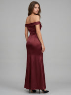 Cabernet Satin Mermaid Off-the-Shoulder Backless Floor-Length Bridesmaid Dress - Curvevia