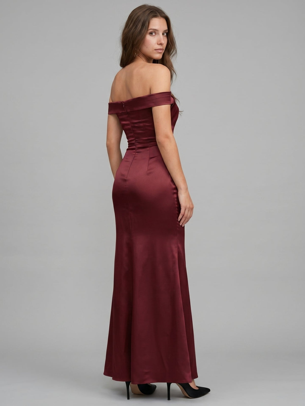 Cabernet Satin Mermaid Off-the-Shoulder Backless Floor-Length Bridesmaid Dress - Curvevia