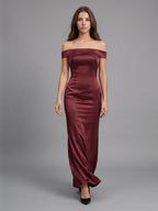 Cabernet Satin Mermaid Off-the-Shoulder Backless Floor-Length Bridesmaid Dress - Curvevia