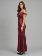 Cabernet Satin Mermaid Off-the-Shoulder Backless Floor-Length Bridesmaid Dress - Curvevia