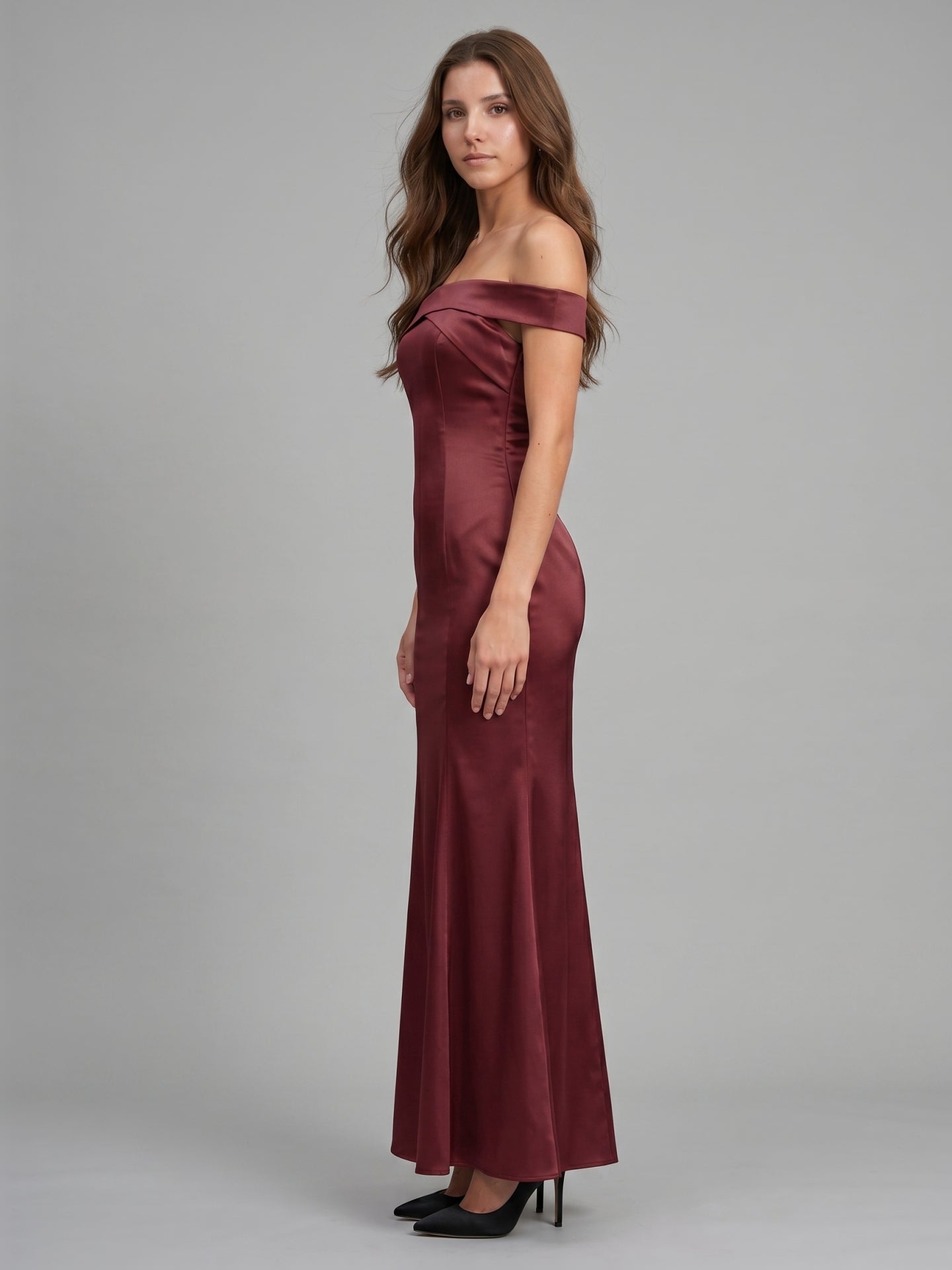 Cabernet Satin Mermaid Off-the-Shoulder Backless Floor-Length Bridesmaid Dress - Curvevia