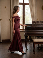 Cabernet Satin Mermaid Off-the-Shoulder Backless Floor-Length Bridesmaid Dress - Curvevia