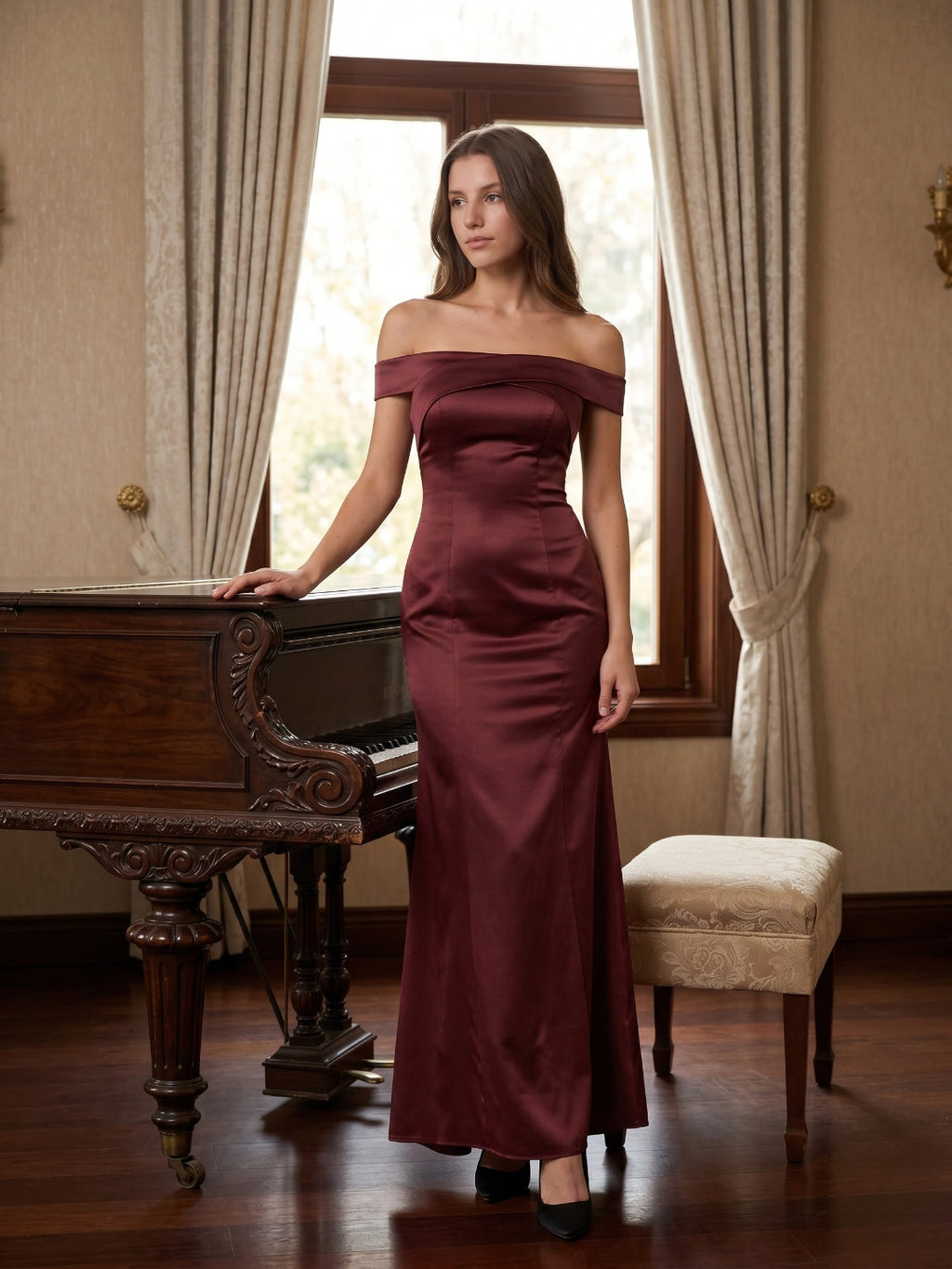Cabernet Satin Mermaid Off-the-Shoulder Backless Floor-Length Bridesmaid Dress - Curvevia