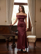 Cabernet Satin Mermaid Off-the-Shoulder Backless Floor-Length Bridesmaid Dress - Curvevia