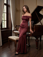 Cabernet Satin Mermaid Off-the-Shoulder Backless Floor-Length Bridesmaid Dress - Curvevia