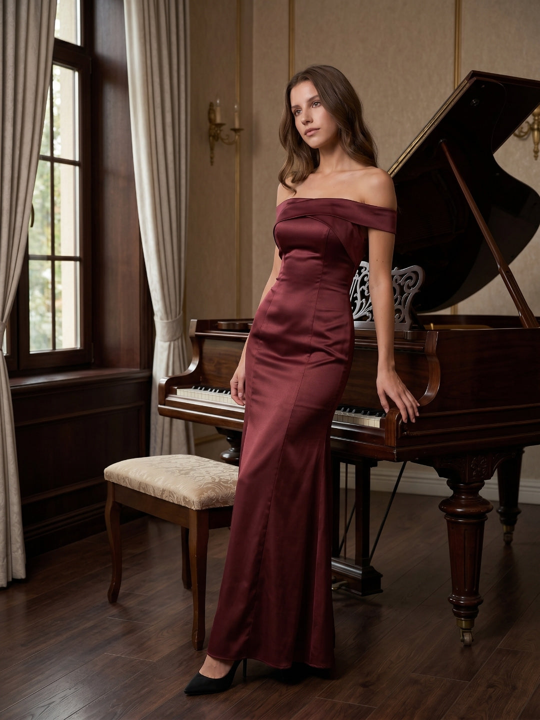 Cabernet Satin Mermaid Off-the-Shoulder Backless Floor-Length Bridesmaid Dress - Curvevia