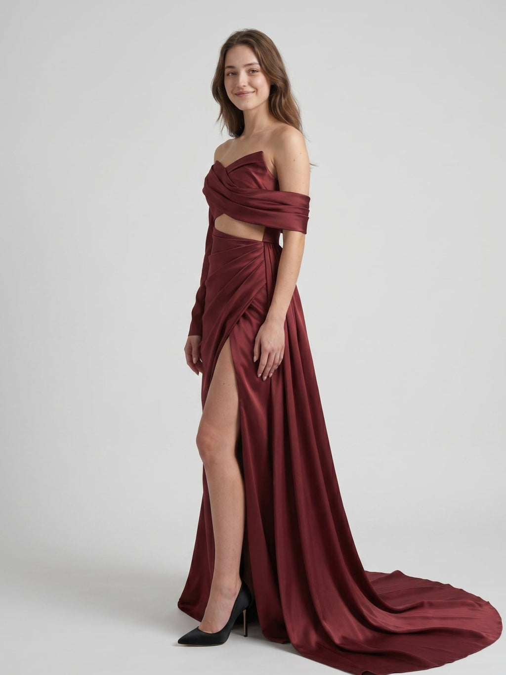Cabernet Satin Mermaid Off-the-Shoulder Backless Floor-Length Pleated Bridesmaid Dress - Curvevia