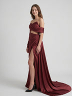Cabernet Satin Mermaid Off-the-Shoulder Backless Floor-Length Pleated Bridesmaid Dress - Curvevia