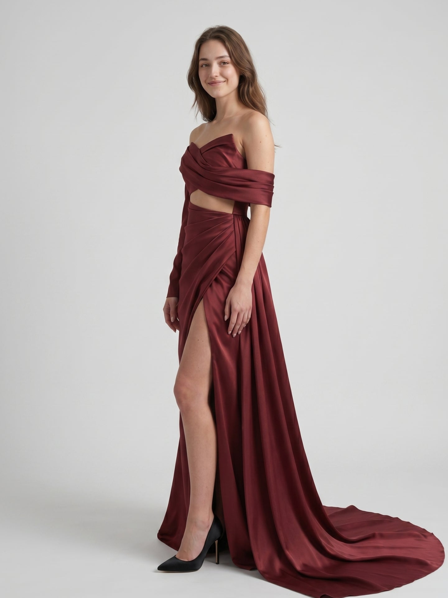Cabernet Satin Mermaid Off-the-Shoulder Backless Floor-Length Pleated Bridesmaid Dress - Curvevia