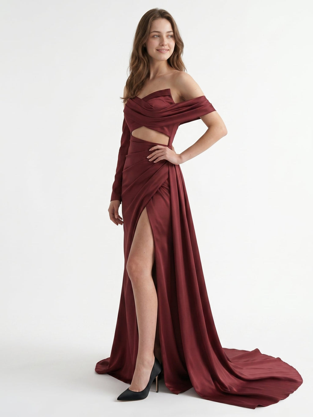 Cabernet Satin Mermaid Off-the-Shoulder Backless Floor-Length Pleated Bridesmaid Dress - Curvevia