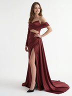 Cabernet Satin Mermaid Off-the-Shoulder Backless Floor-Length Pleated Bridesmaid Dress - Curvevia