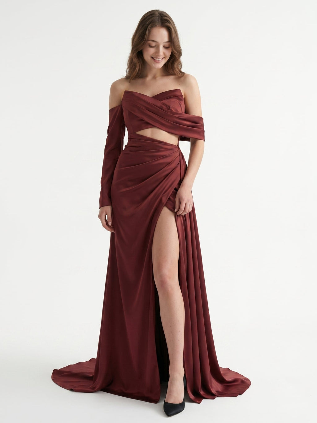 Cabernet Satin Mermaid Off-the-Shoulder Backless Floor-Length Pleated Bridesmaid Dress - Curvevia
