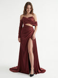 Cabernet Satin Mermaid Off-the-Shoulder Backless Floor-Length Pleated Bridesmaid Dress - Curvevia
