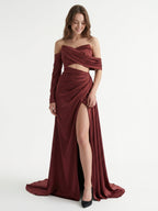Cabernet Satin Mermaid Off-the-Shoulder Backless Floor-Length Pleated Bridesmaid Dress - Curvevia